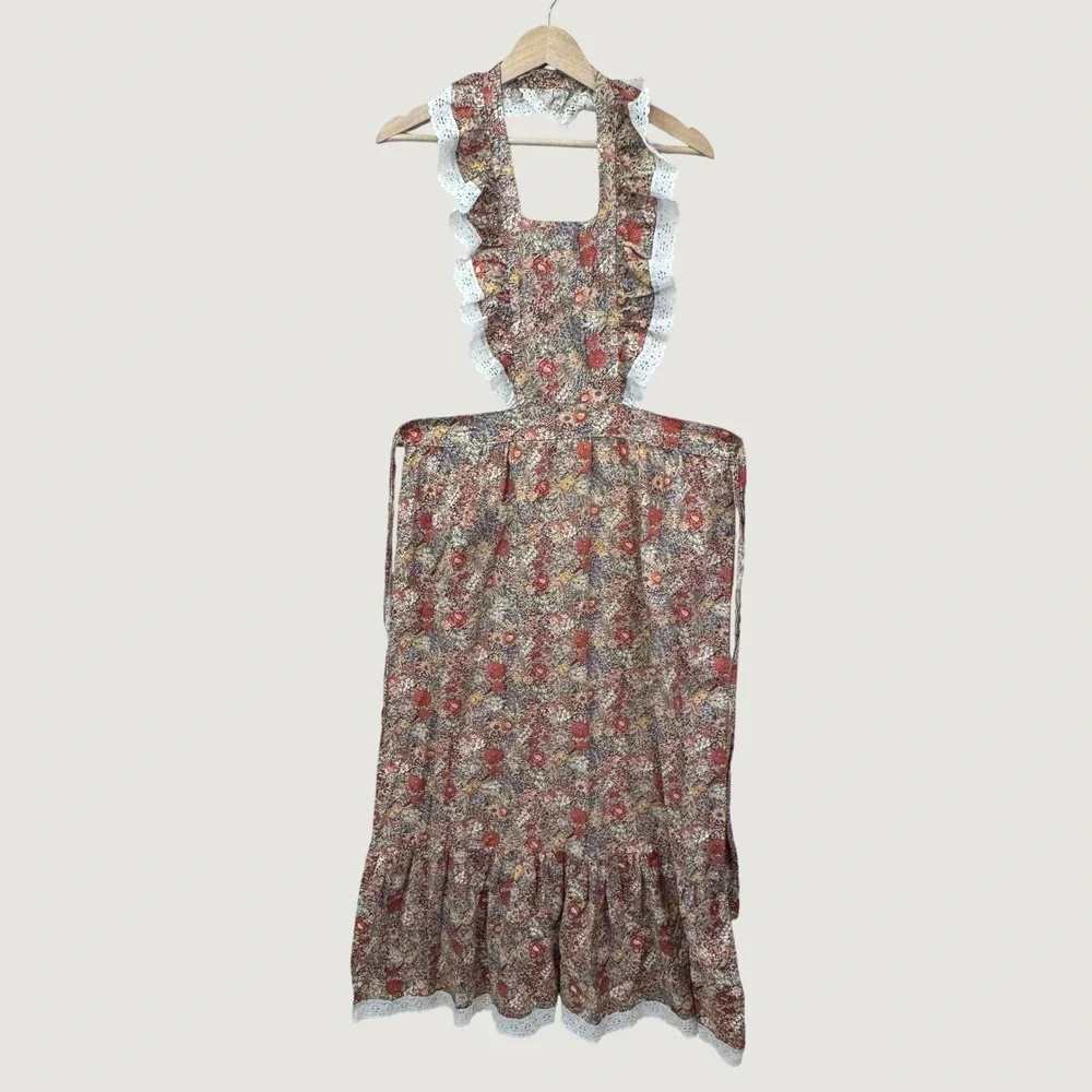 Vintage Floral Ruffle Pinafore Apron One Size Multicolor Cottagecore Lace Trim